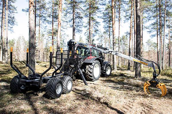 Skogsvagn med timmer lastad i skogen.