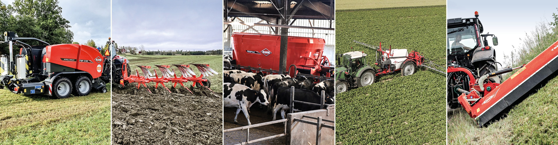 Kollage med lantbruksmaskiner från Kuhn - balpress, plog, mixervagn, växtskyddsspruta och betesputsare