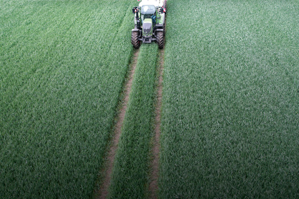 Traktor och körspår i ett fält.